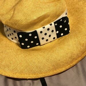 Vintage Golden Wide-Brim Straw Hat with Polka Dot Bow